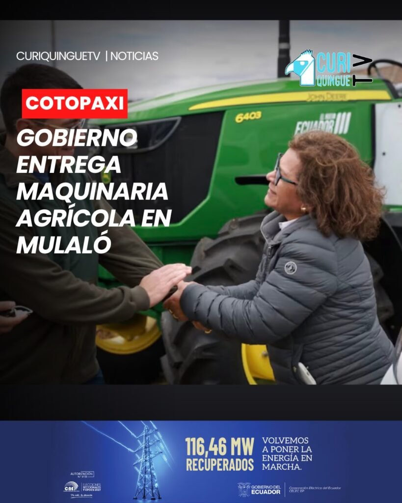 El presidente de la República, Daniel Noboa, visitó la parroquia Mulaló, en Latacunga, donde realizó la entrega de maquinaria agrícola y varios títulos de propiedad a beneficiarios de la zona. De acuerdo con lo informado, la inversión del Gobierno Nacional en estas acciones alcanza alrededor de 1,6 millones de dólares, destinada al fortalecimiento del sector productivo y la seguridad jurídica de los propietarios.