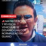 El proceso de matriculación y revisión técnica vehicular en el cantón Guano se desarrolla con normalidad. Actualmente, alrededor de 130 automotores son atendidos diariamente en esta dependencia municipal.